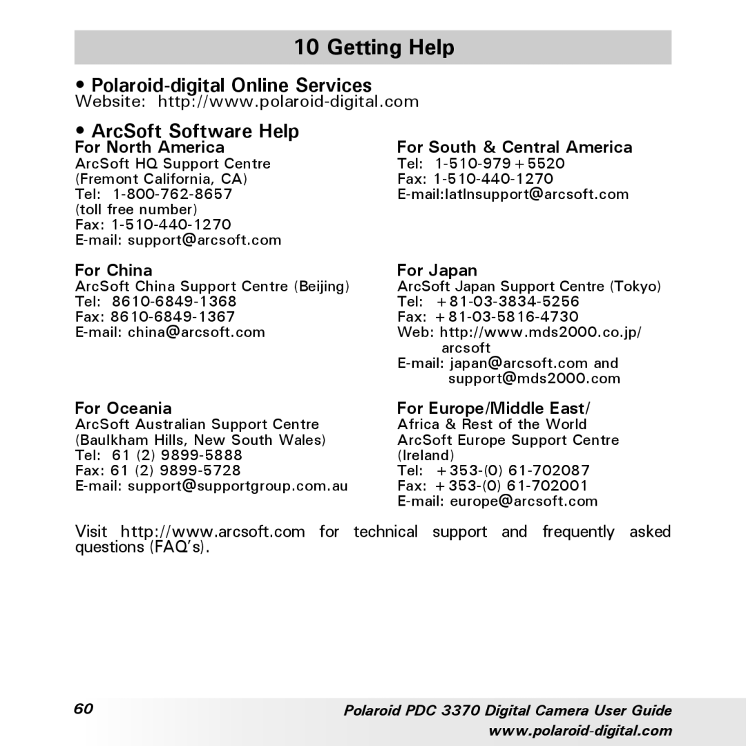 Polaroid PDC 3370 manual Getting Help, ArcSoft Software Help, For North America, For China For Japan 