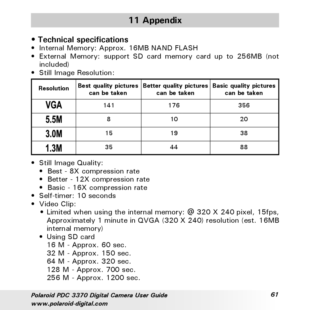 Polaroid PDC 3370 manual Appendix, Technical specifications 