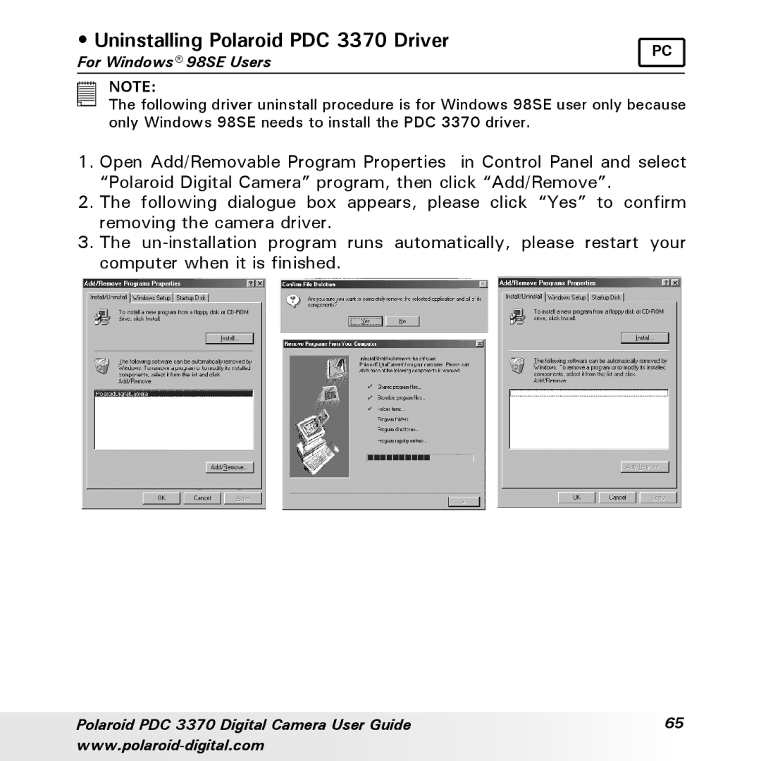 Polaroid manual Uninstalling Polaroid PDC 3370 Driver, For Windows 98SE Users 