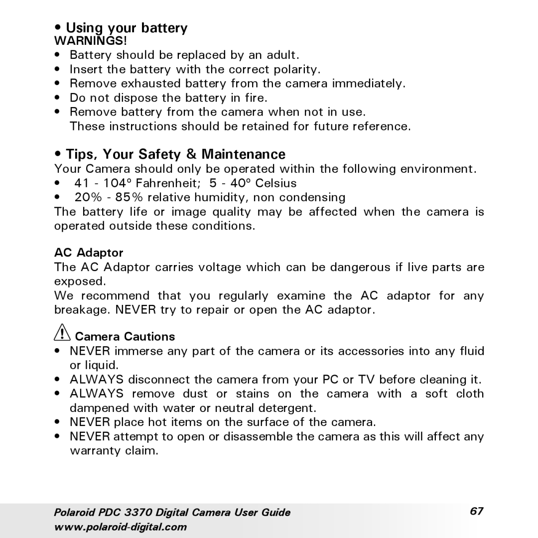 Polaroid PDC 3370 manual Using your battery, Tips, Your Safety & Maintenance, AC Adaptor, Camera Cautions 