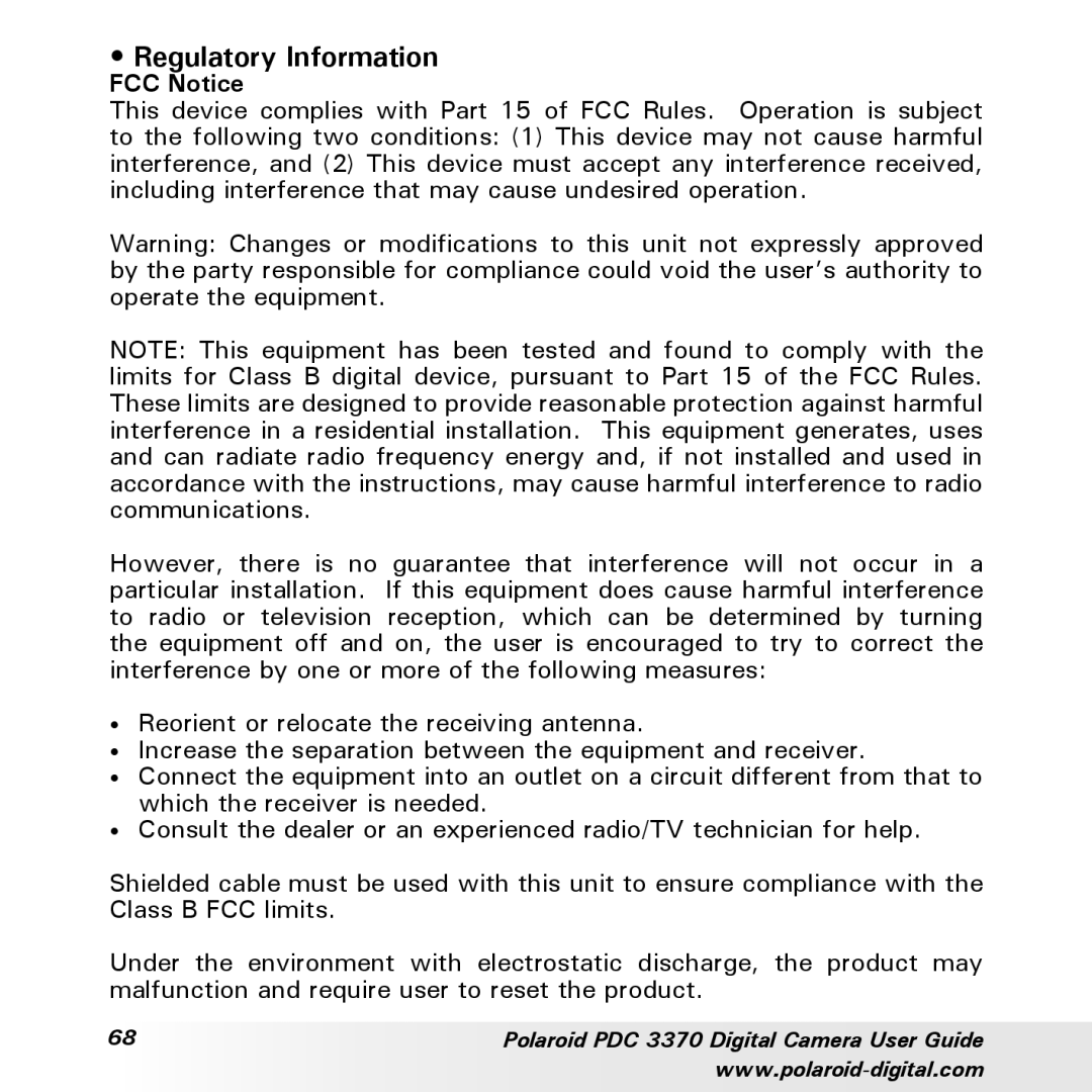 Polaroid PDC 3370 manual Regulatory Information, FCC Notice 