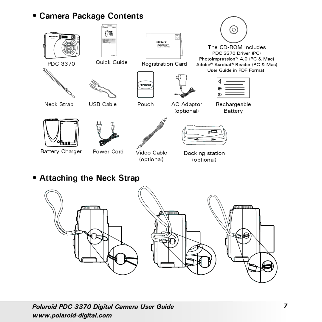 Polaroid PDC 3370 manual Camera Package Contents, Attaching the Neck Strap 