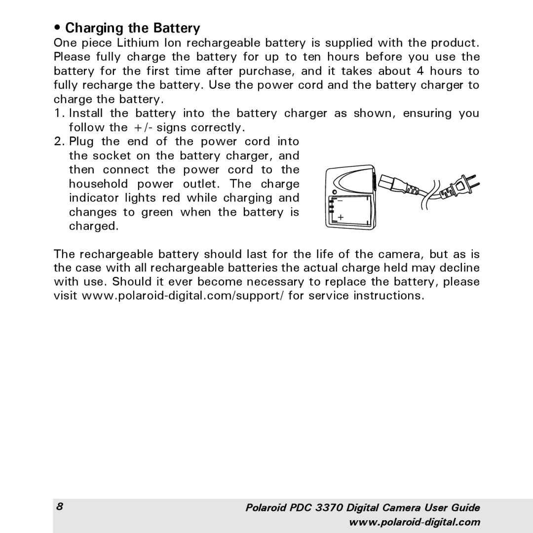 Polaroid PDC 3370 manual Charging the Battery 