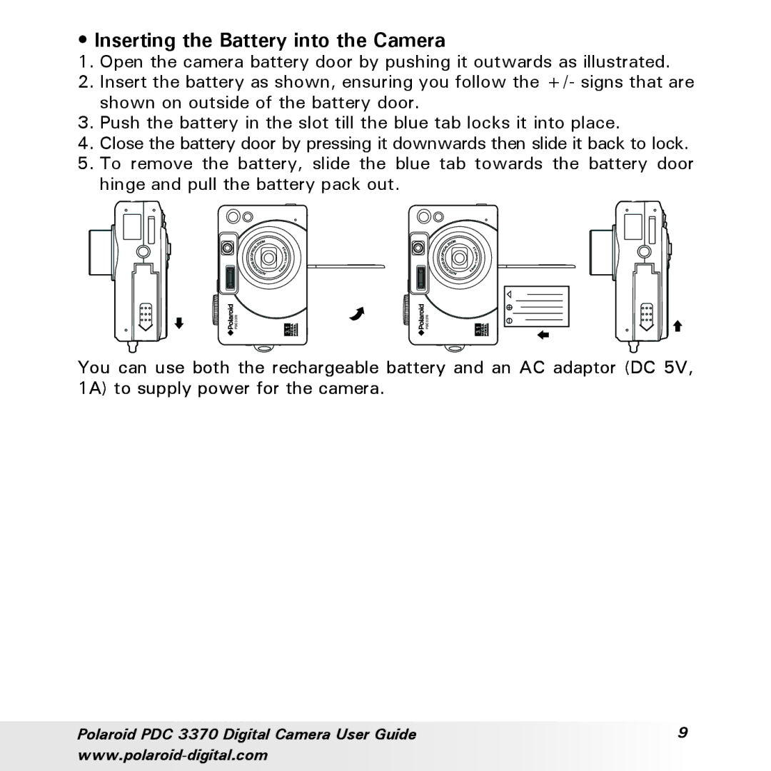 Polaroid PDC 3370 manual Inserting the Battery into the Camera 