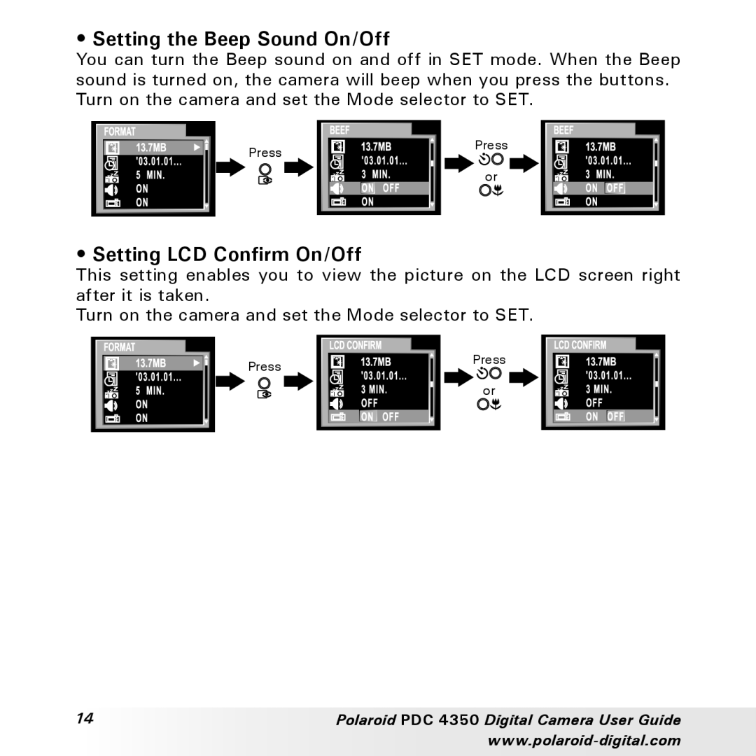 Polaroid PDC 4350 manual Setting the Beep Sound On/Off, Setting LCD Confirm On/Off 