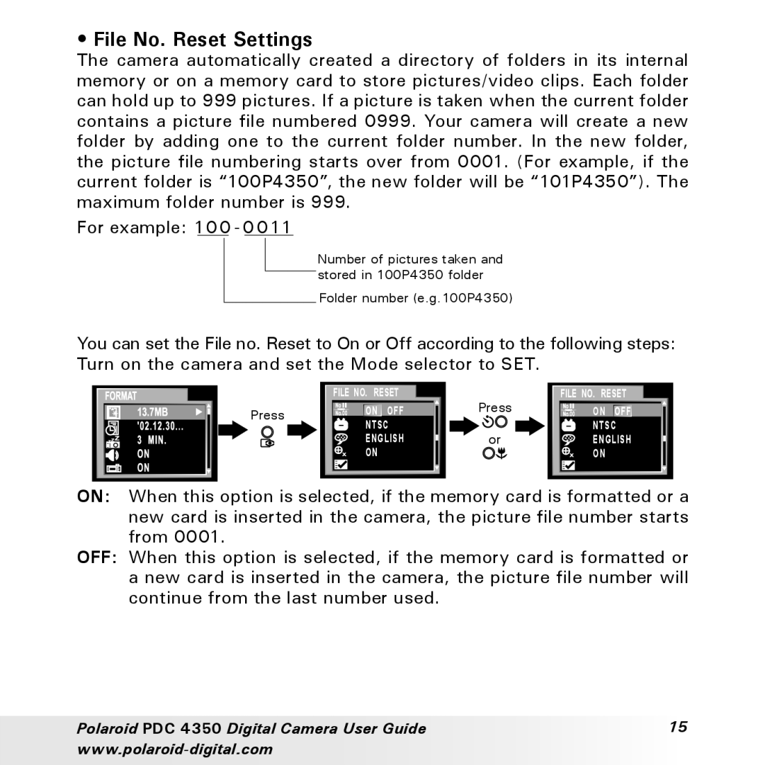 Polaroid PDC 4350 manual File No. Reset Settings 