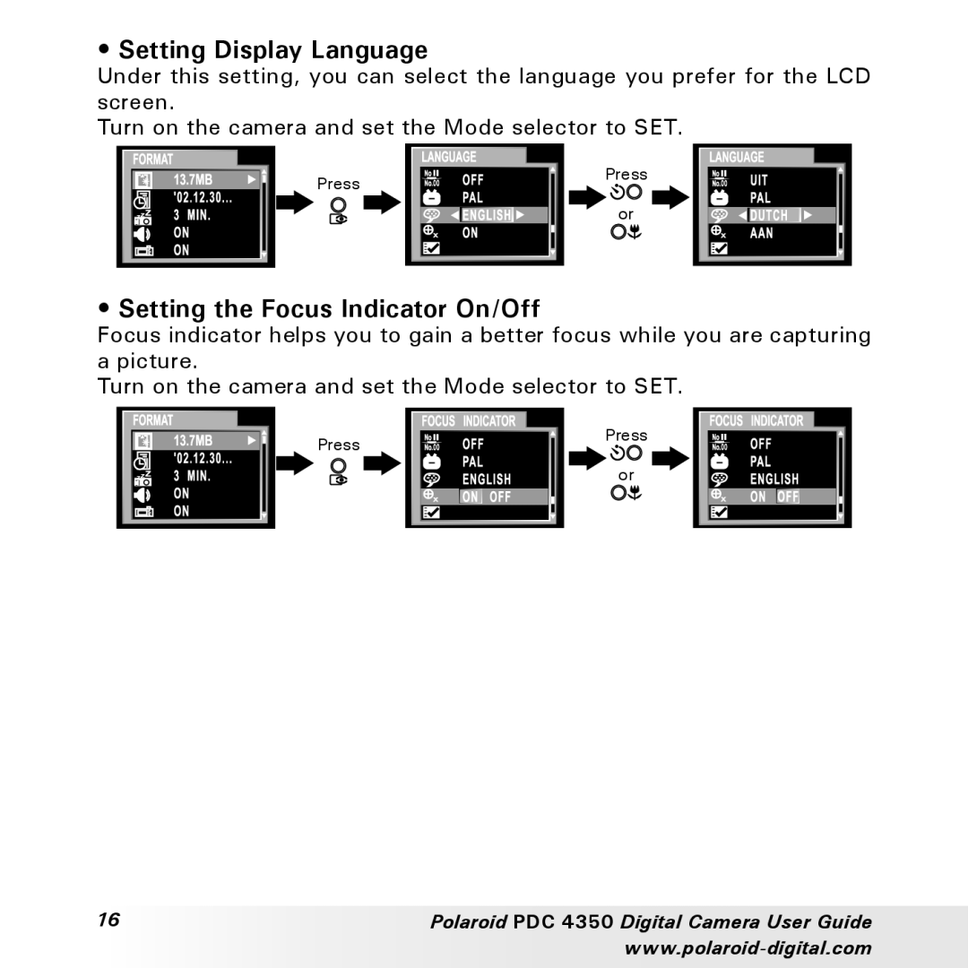 Polaroid PDC 4350 manual Setting Display Language, Setting the Focus Indicator On/Off 