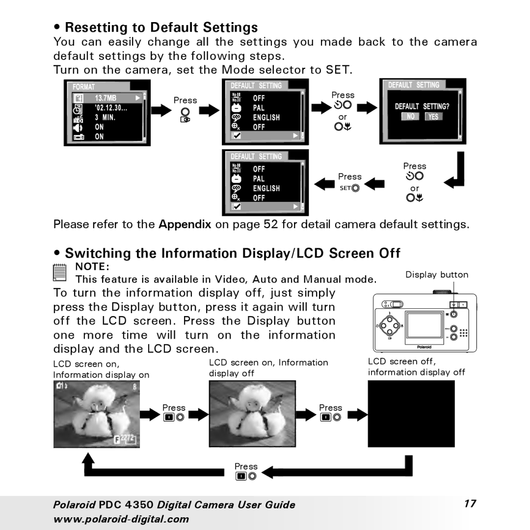 Polaroid PDC 4350 manual Resetting to Default Settings, Switching the Information Display/LCD Screen Off 