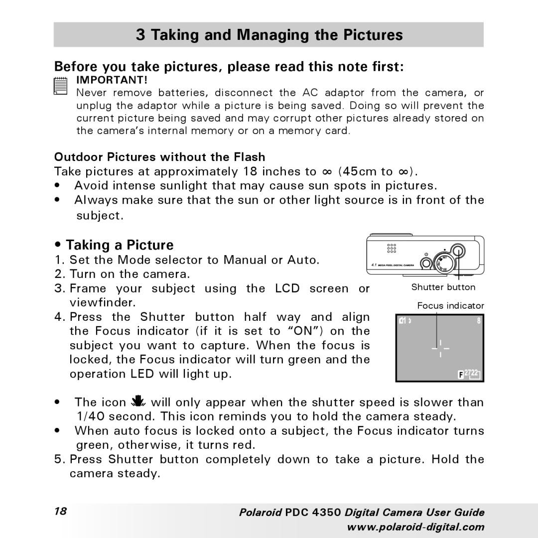 Polaroid PDC 4350 manual Taking and Managing the Pictures, Before you take pictures, please read this note first 