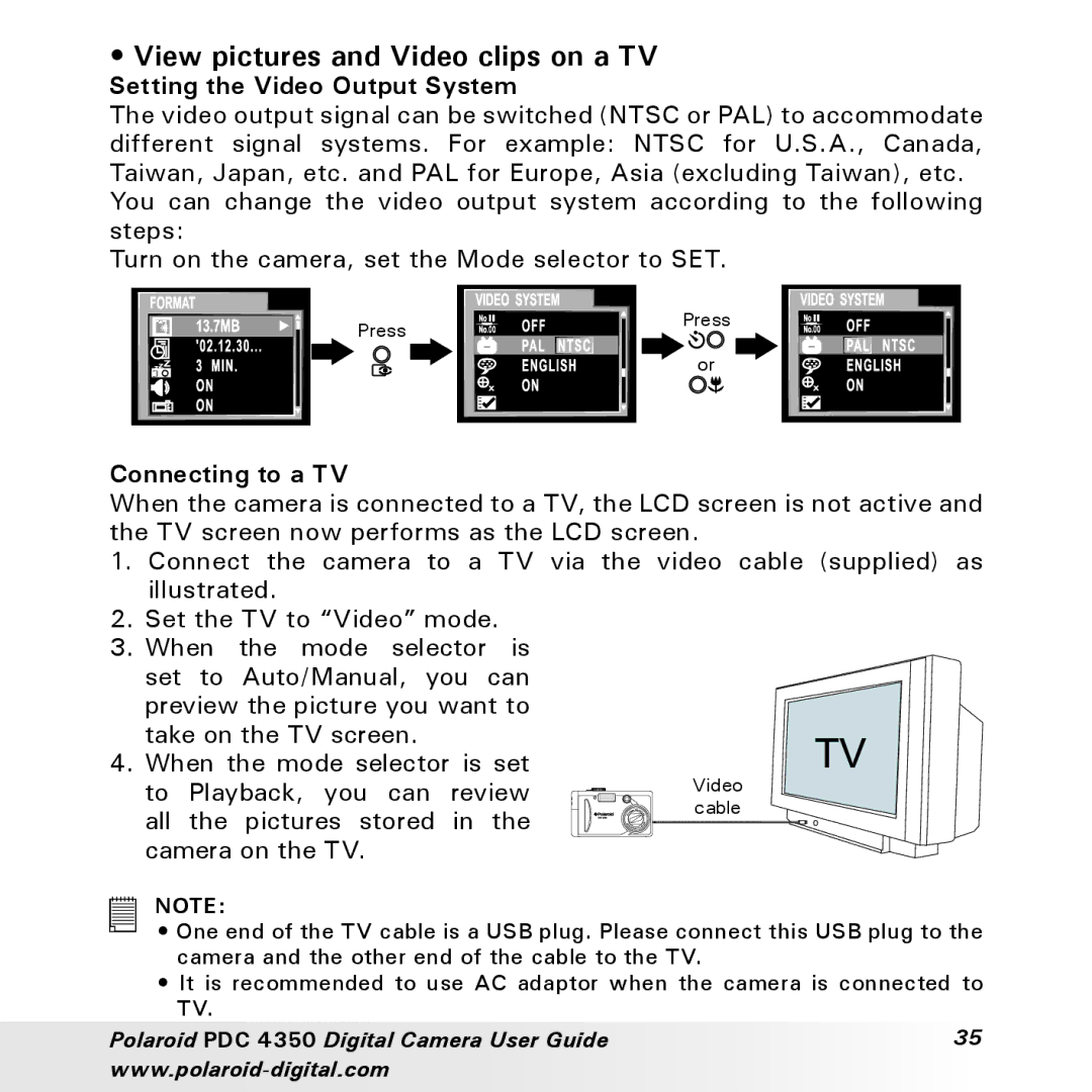 Polaroid PDC 4350 manual View pictures and Video clips on a TV, Setting the Video Output System, Connecting to a TV 