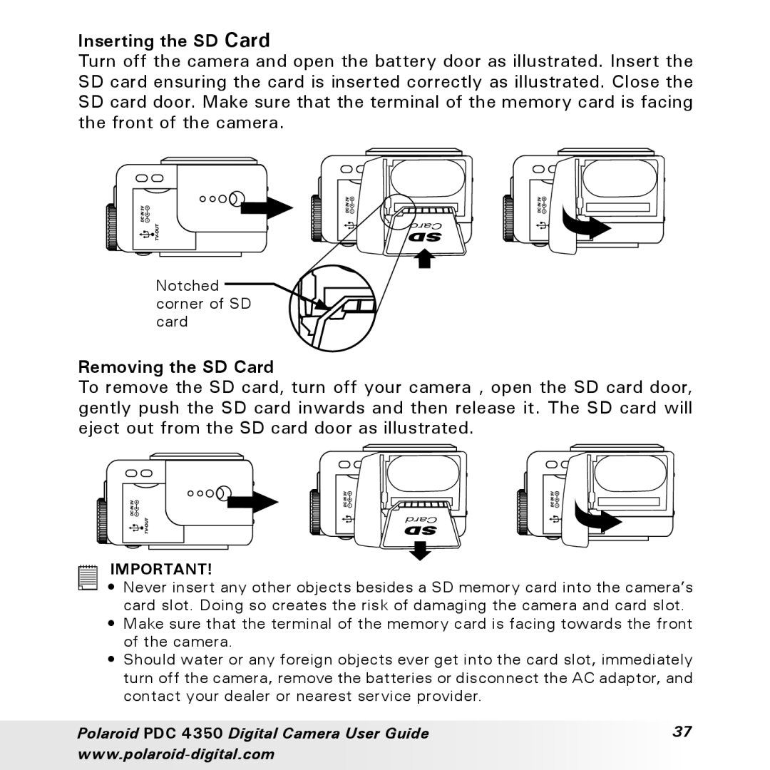 Polaroid PDC 4350 manual Inserting the SD Card, Removing the SD Card 