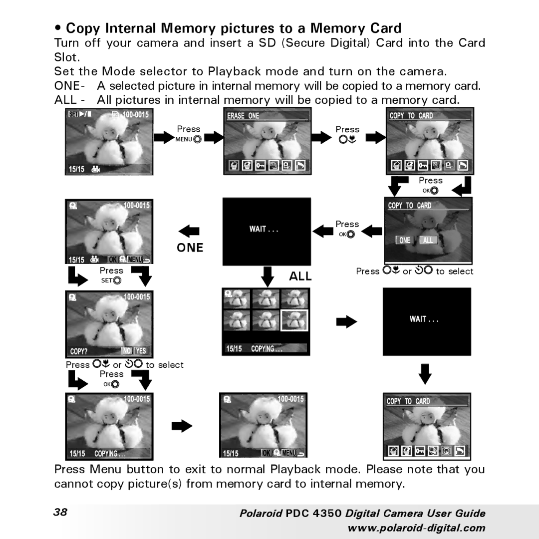 Polaroid PDC 4350 manual Copy Internal Memory pictures to a Memory Card, One All 