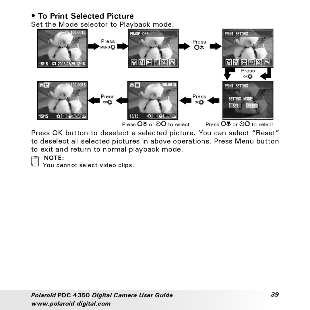 Polaroid PDC 4350 manual To Print Selected Picture 