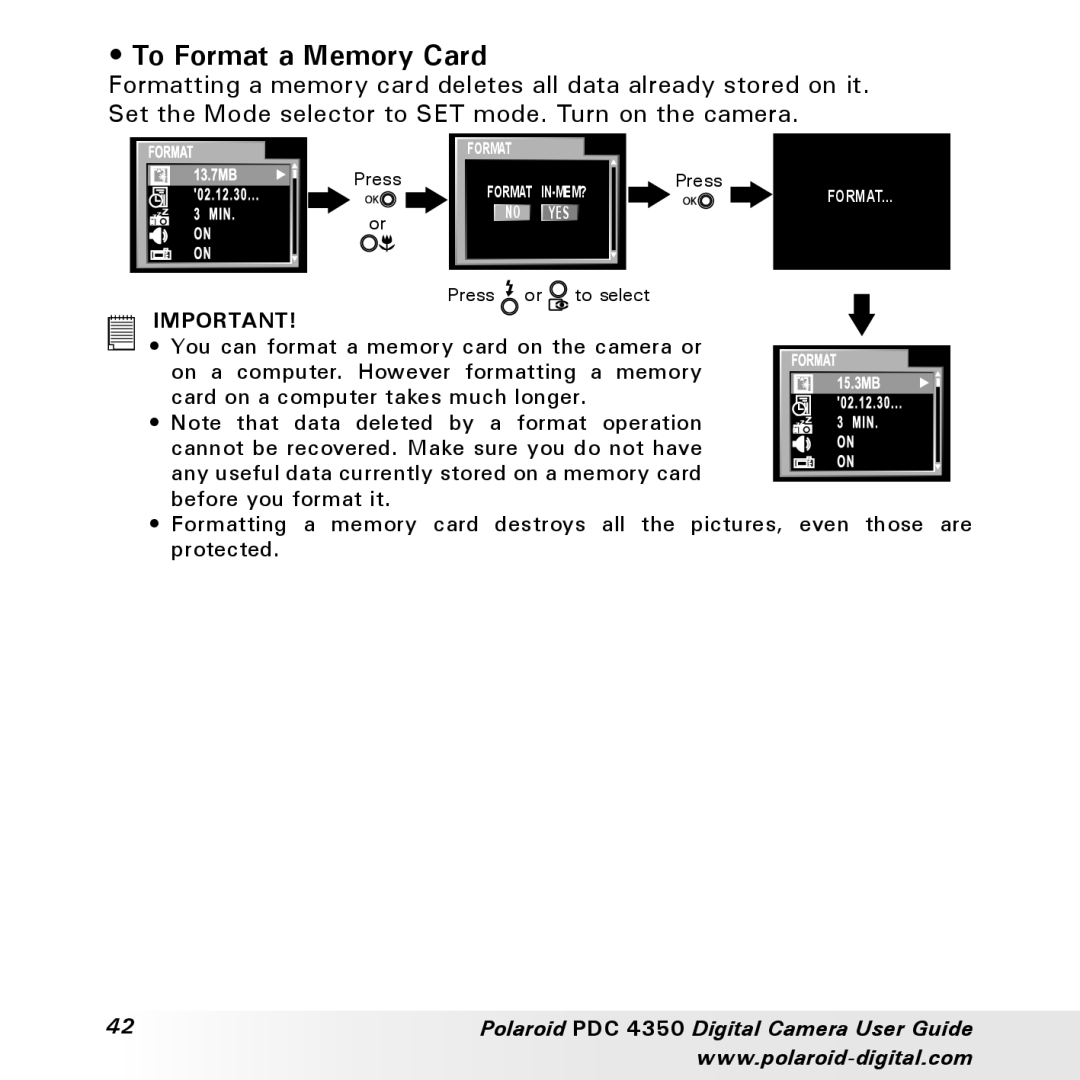 Polaroid PDC 4350 manual To Format a Memory Card 