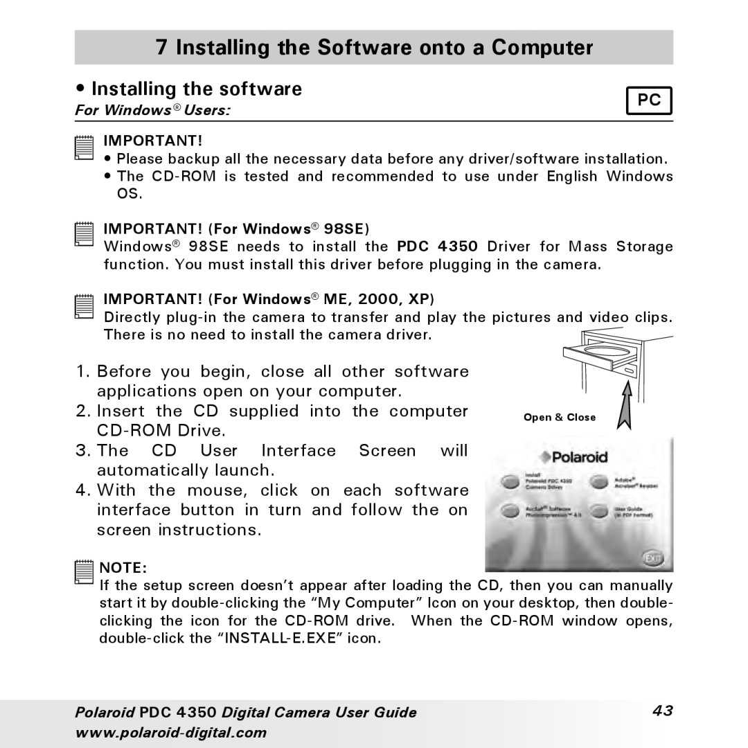 Polaroid PDC 4350 manual Installing the Software onto a Computer, Installing the software 
