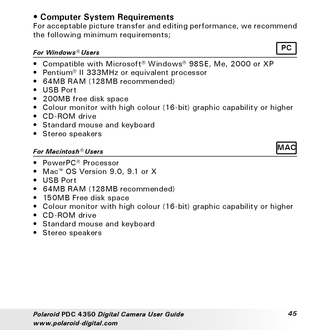 Polaroid PDC 4350 manual Computer System Requirements 