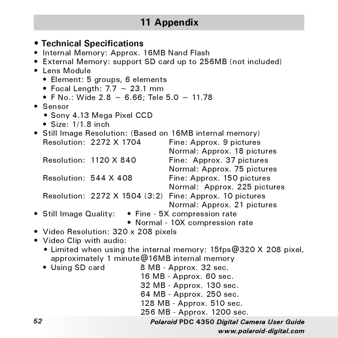 Polaroid PDC 4350 manual Appendix, Technical Specifications 