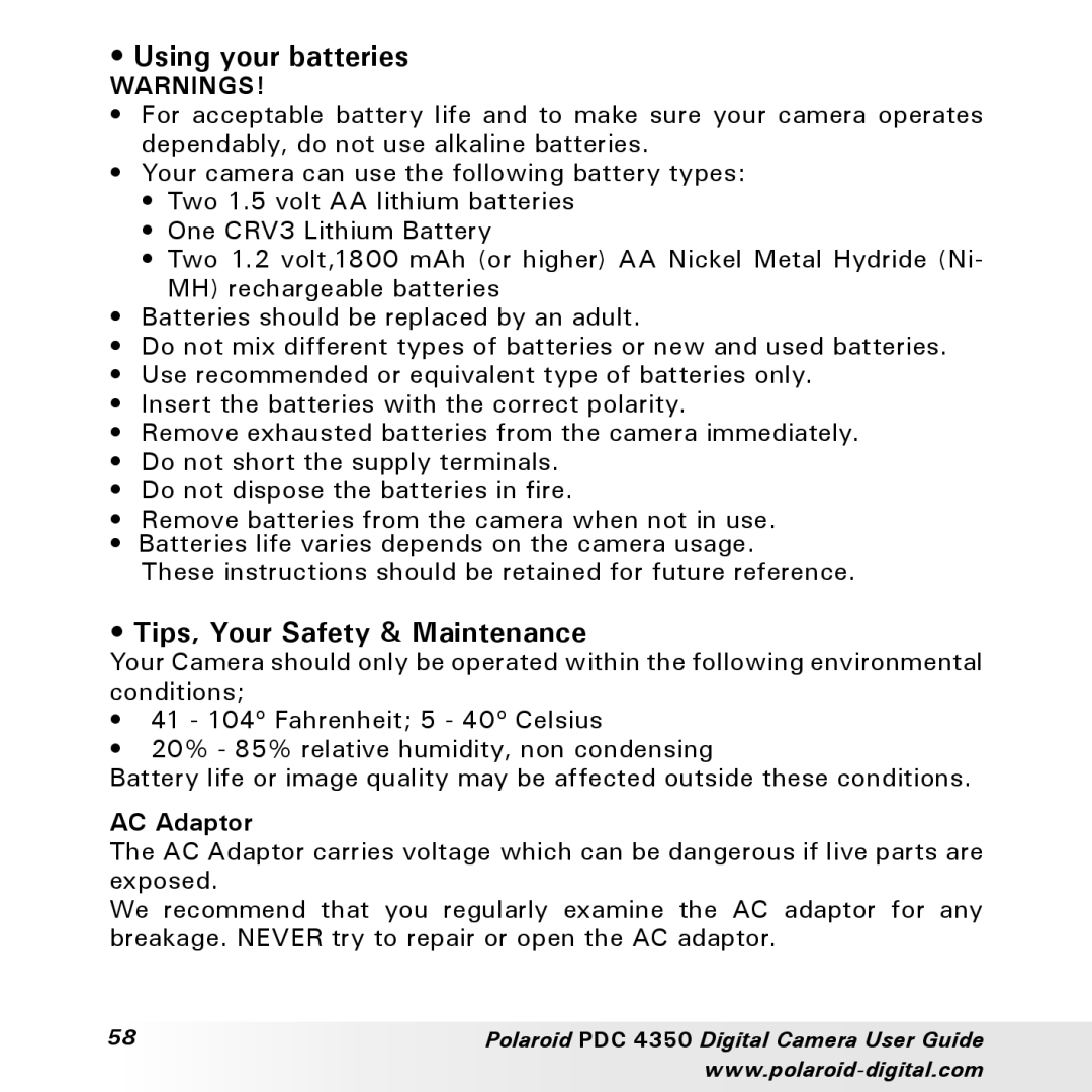 Polaroid PDC 4350 manual Using your batteries, Tips, Your Safety & Maintenance, AC Adaptor 