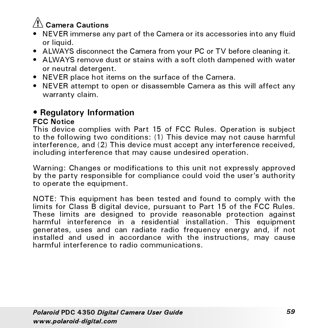 Polaroid PDC 4350 manual Regulatory Information, Camera Cautions, FCC Notice 