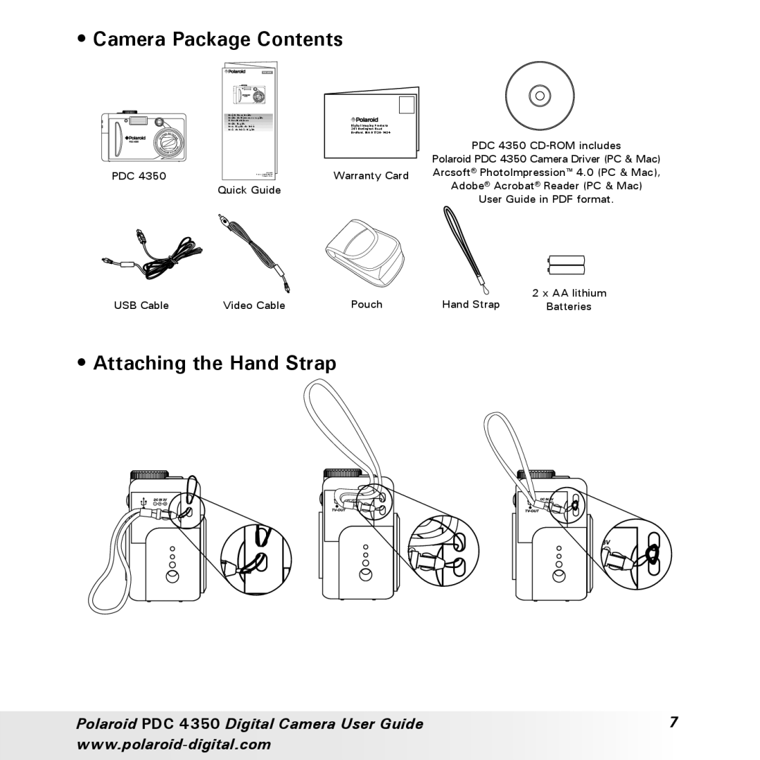 Polaroid PDC 4350 manual Camera Package Contents, Attaching the Hand Strap 