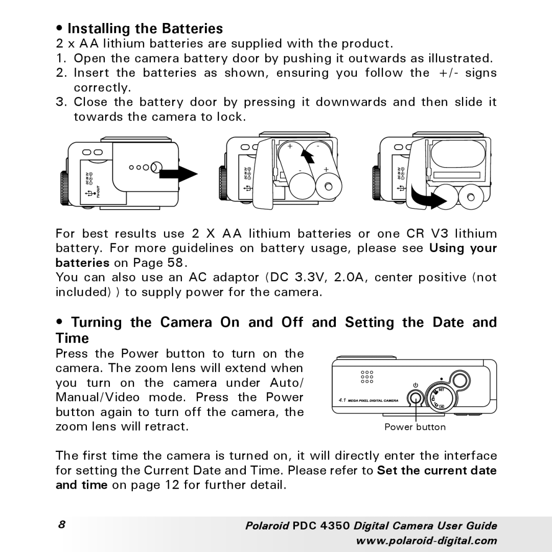 Polaroid PDC 4350 manual Installing the Batteries, Turning the Camera On and Off and Setting the Date and Time 