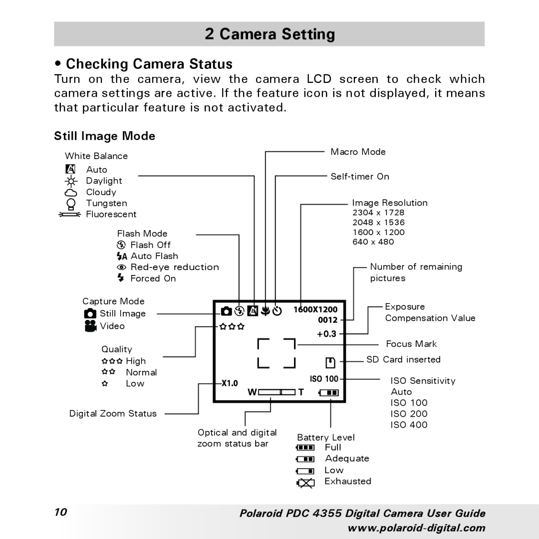 Polaroid PDC 4355 manual Camera Setting, Checking Camera Status, Still Image Mode 