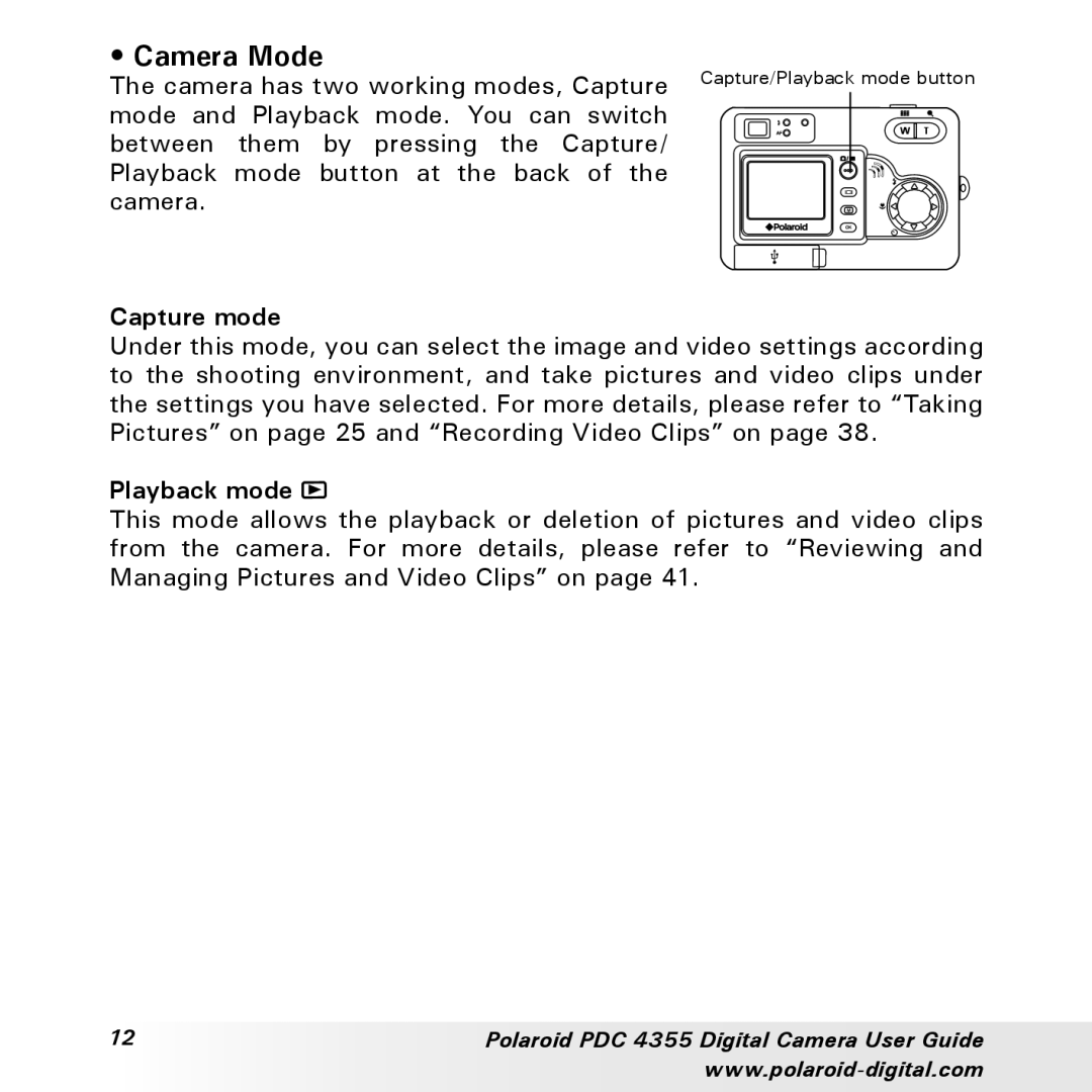 Polaroid PDC 4355 manual Camera Mode, Capture mode 