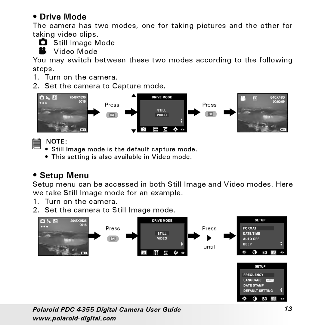 Polaroid PDC 4355 manual Drive Mode, Setup Menu 