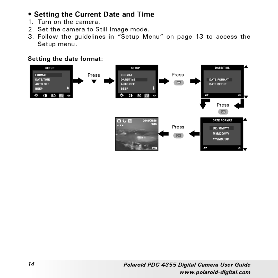 Polaroid PDC 4355 manual Setting the Current Date and Time, Setting the date format 