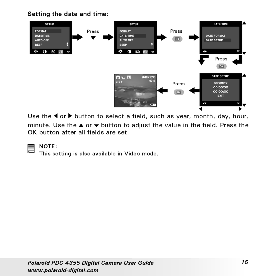 Polaroid PDC 4355 manual Setting the date and time 