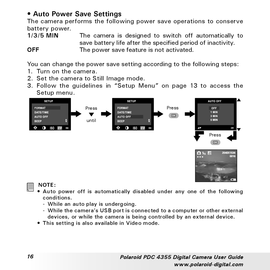 Polaroid PDC 4355 manual Auto Power Save Settings, 5 MIN 