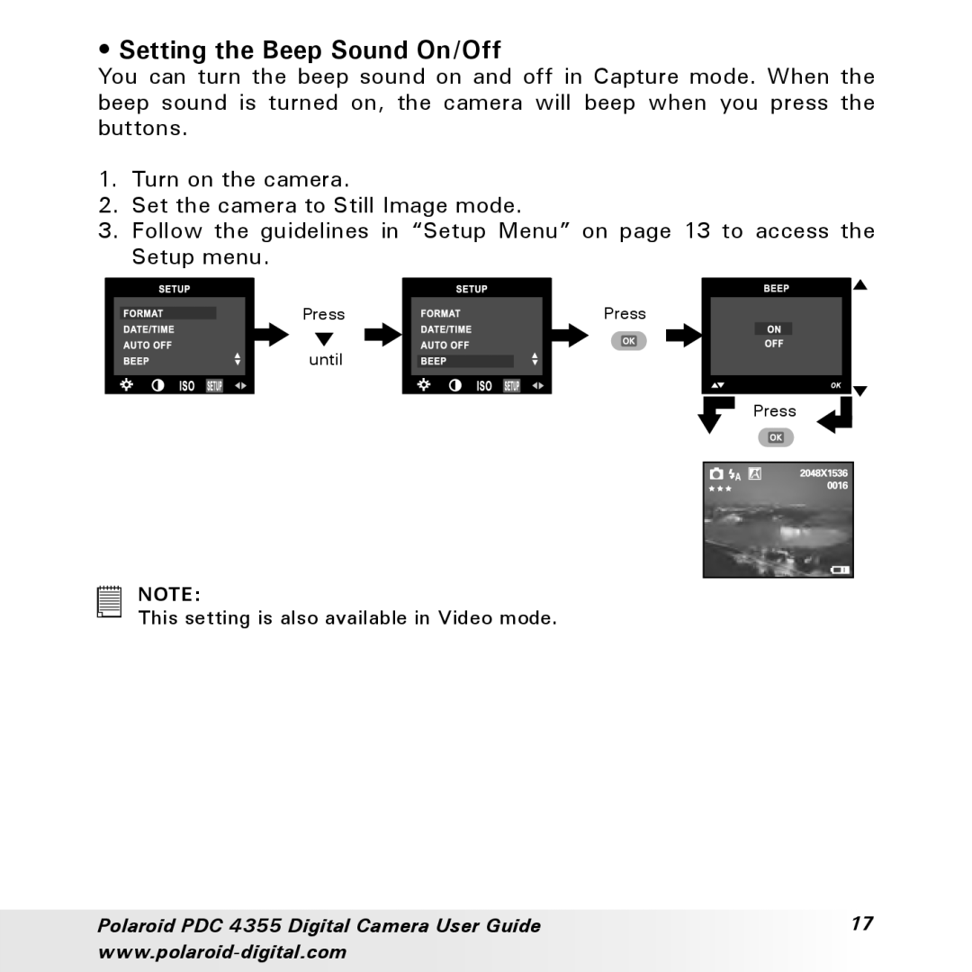 Polaroid PDC 4355 manual Setting the Beep Sound On/Off 