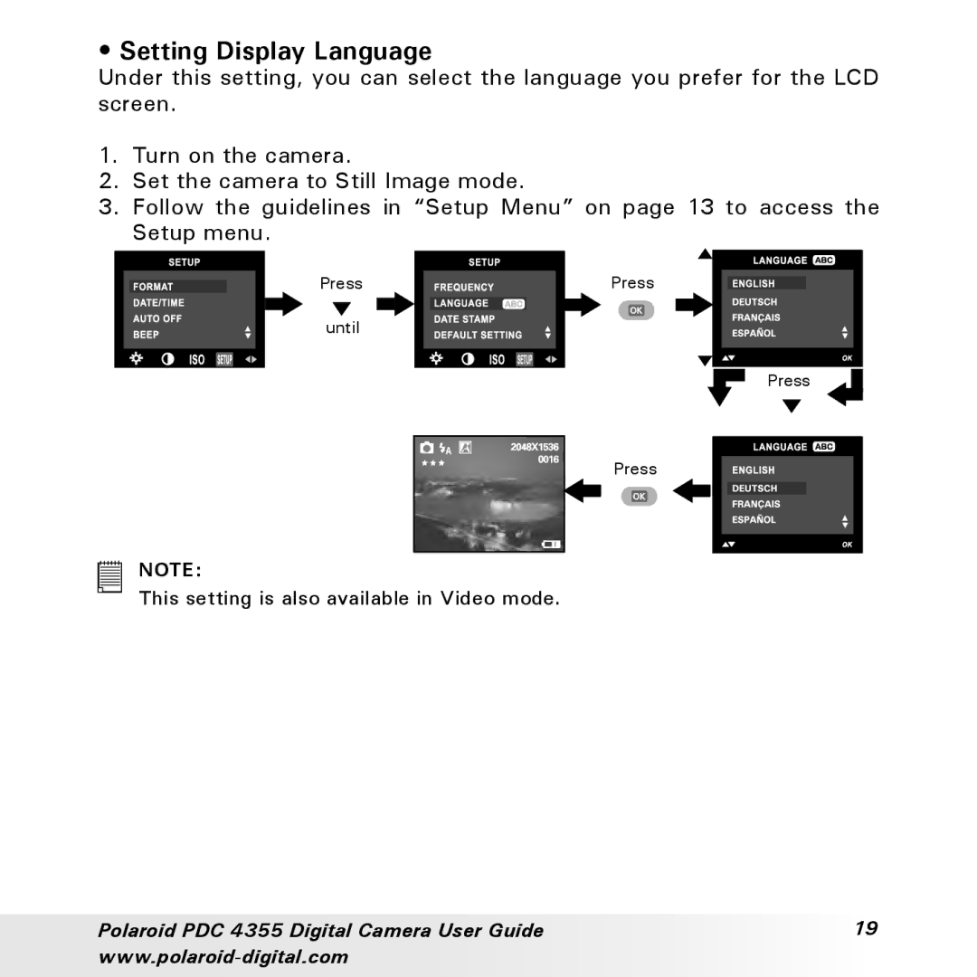 Polaroid PDC 4355 manual Setting Display Language 