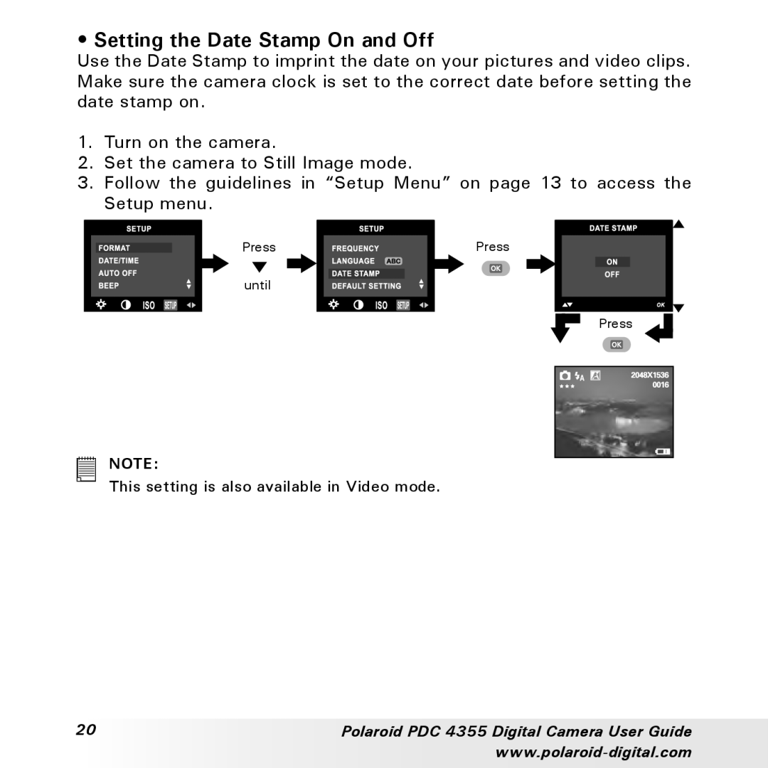 Polaroid PDC 4355 manual Setting the Date Stamp On and Off 