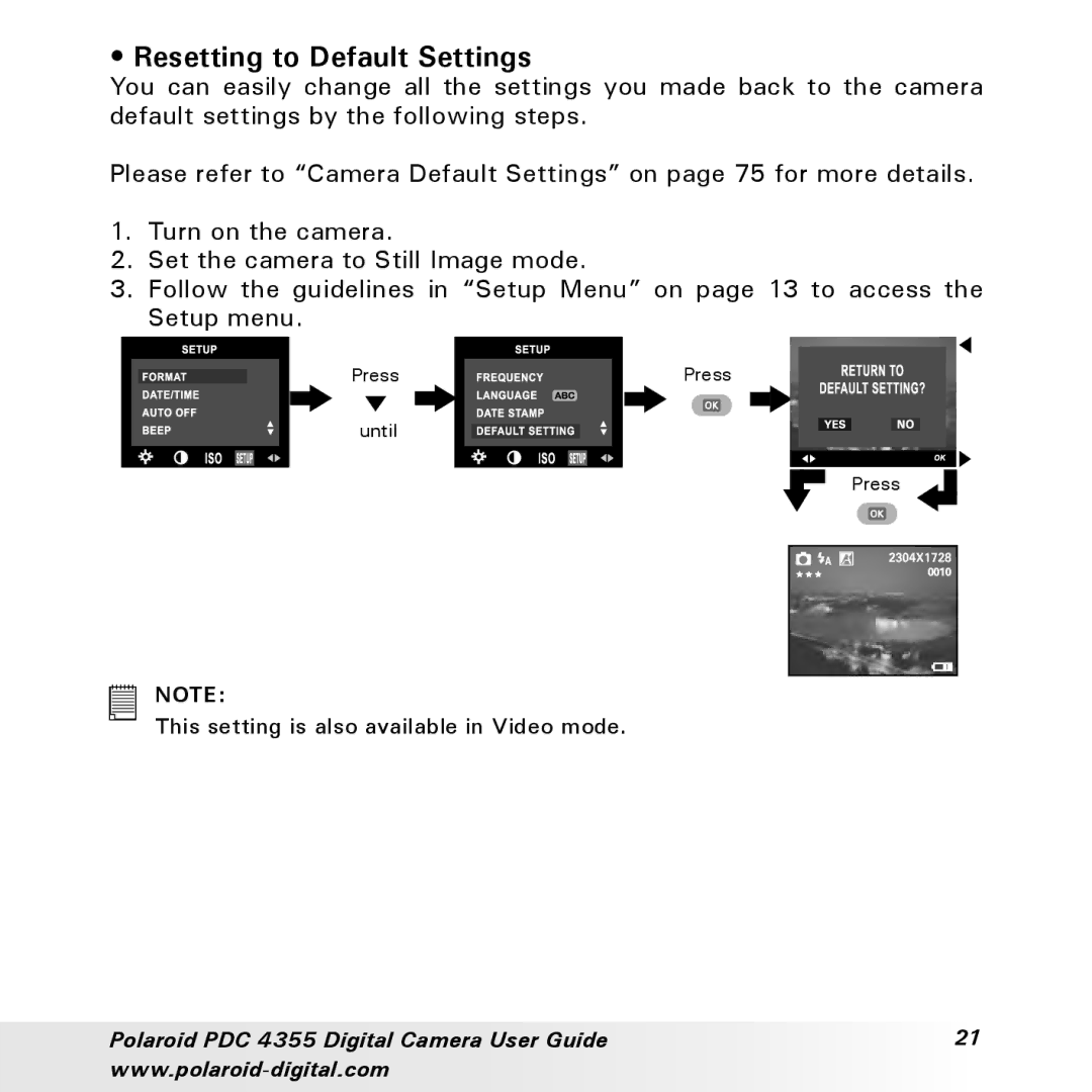 Polaroid PDC 4355 manual Resetting to Default Settings 