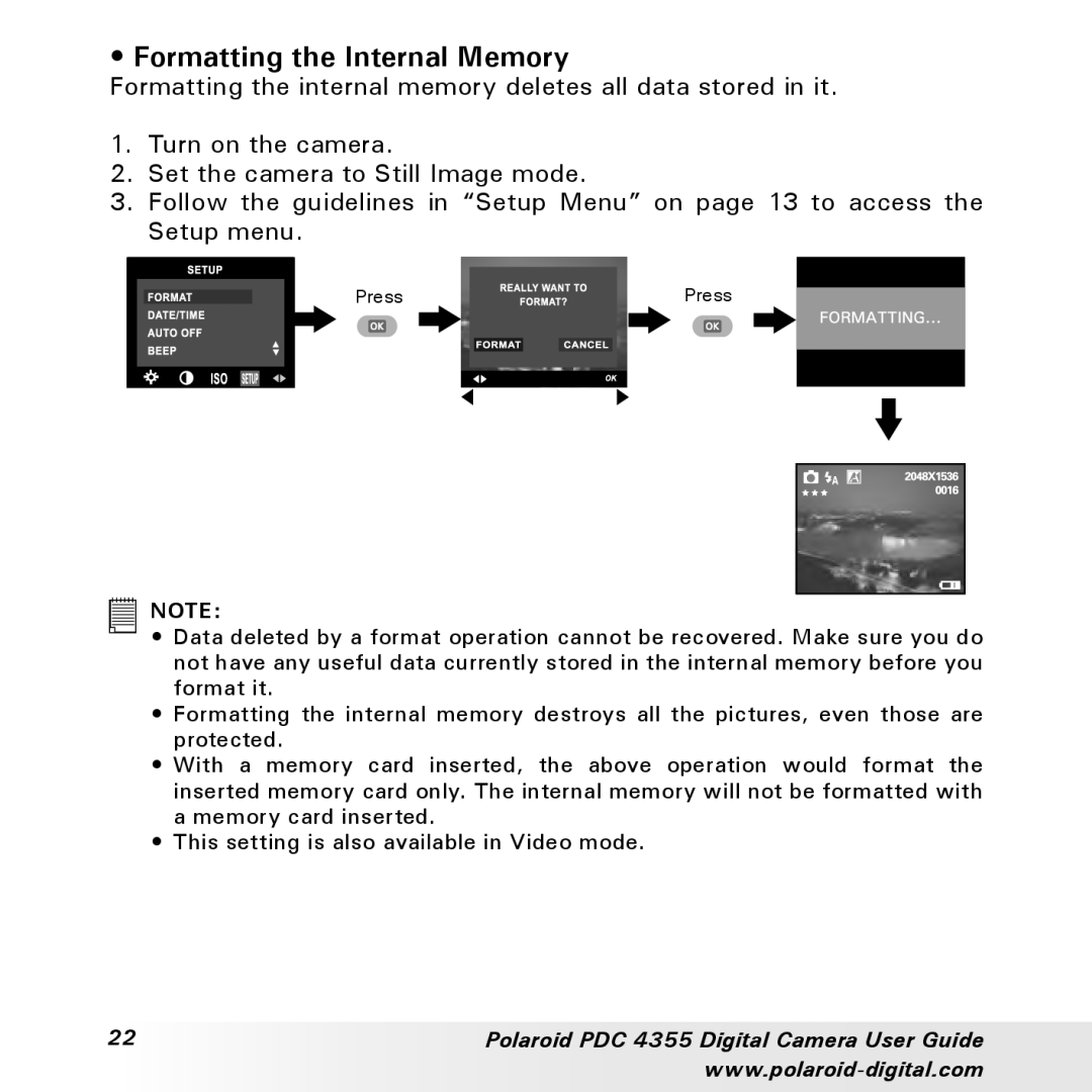 Polaroid PDC 4355 manual Formatting the Internal Memory 