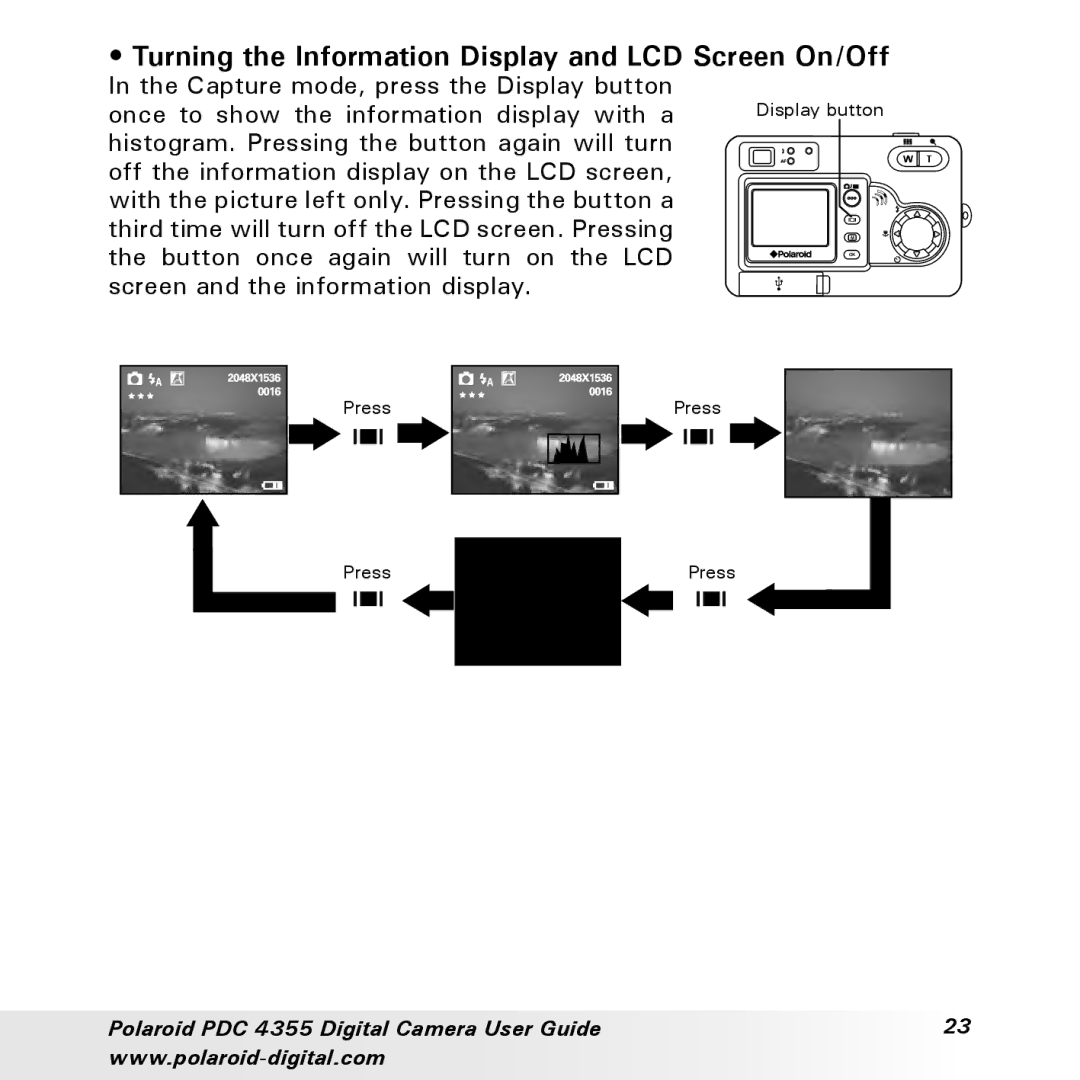 Polaroid PDC 4355 manual Turning the Information Display and LCD Screen On/Off 