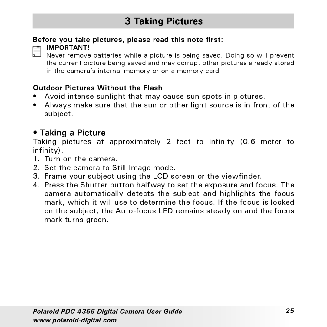 Polaroid PDC 4355 manual Taking Pictures, Taking a Picture, Before you take pictures, please read this note first 