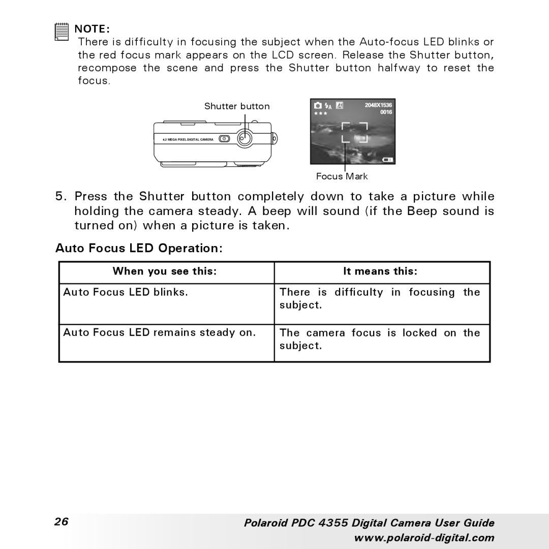 Polaroid PDC 4355 manual Auto Focus LED Operation, When you see this It means this 