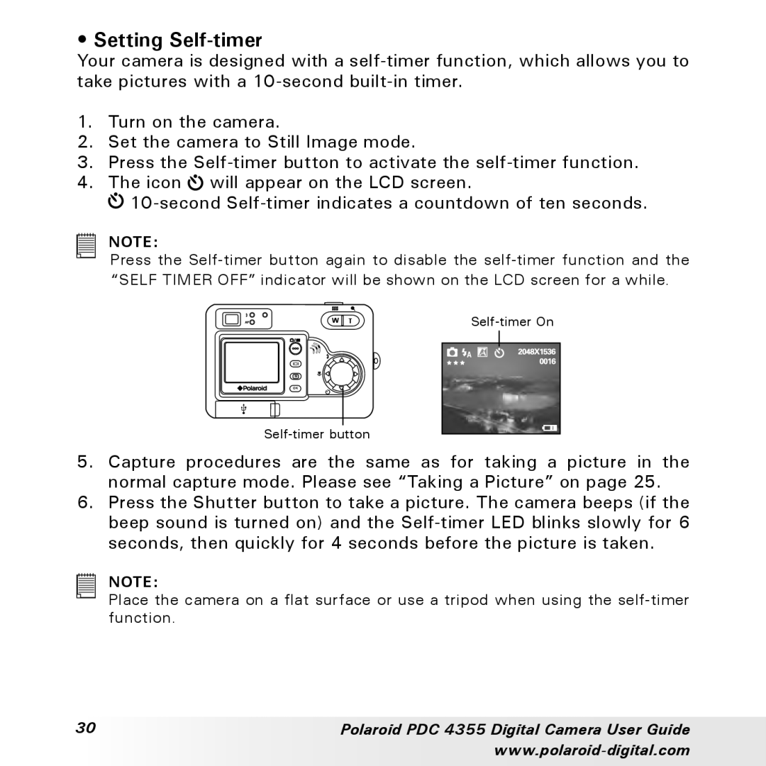 Polaroid PDC 4355 manual Setting Self-timer 