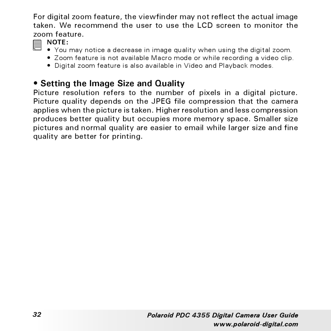 Polaroid PDC 4355 manual Setting the Image Size and Quality 