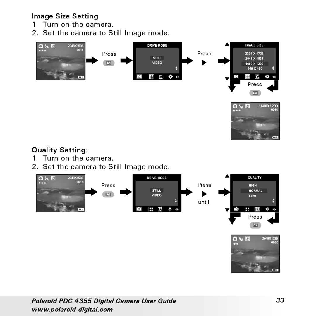Polaroid PDC 4355 manual Image Size Setting, Quality Setting 