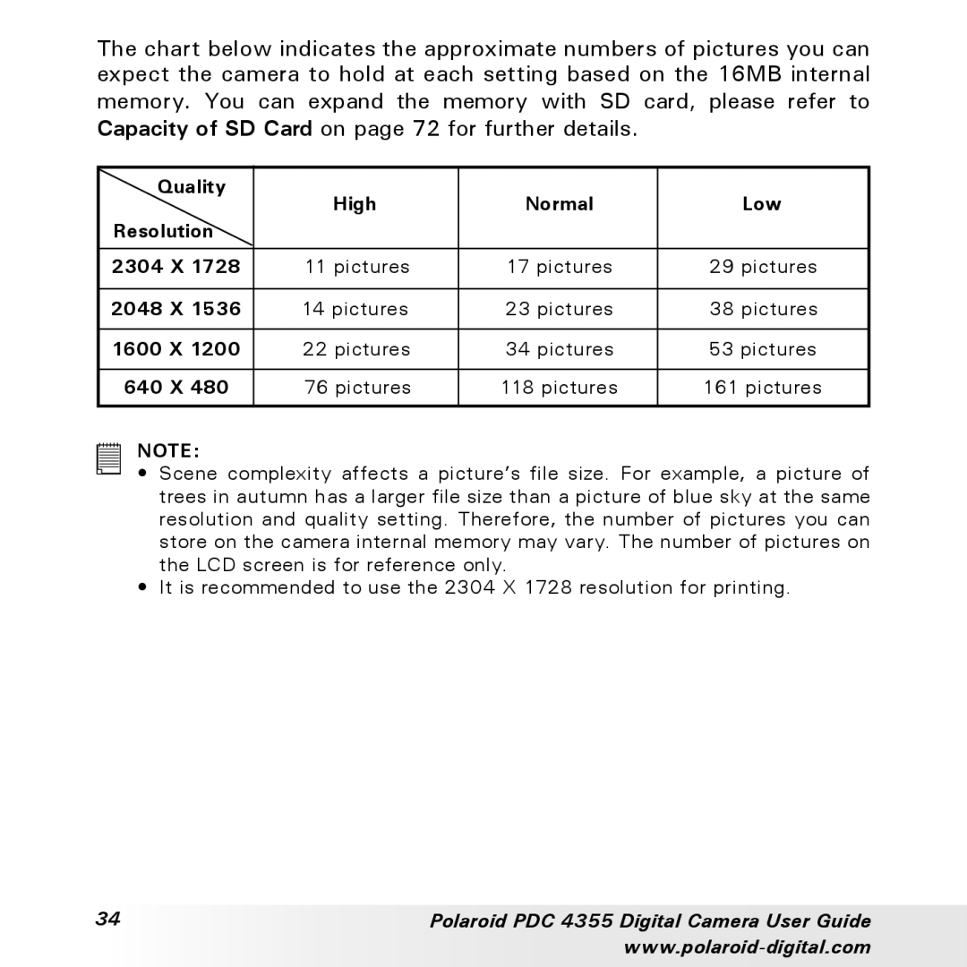 Polaroid PDC 4355 manual Quality High Normal Low Resolution 2304 X 
