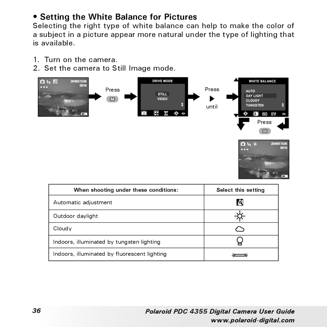 Polaroid PDC 4355 manual Setting the White Balance for Pictures, When shooting under these conditions Select this setting 