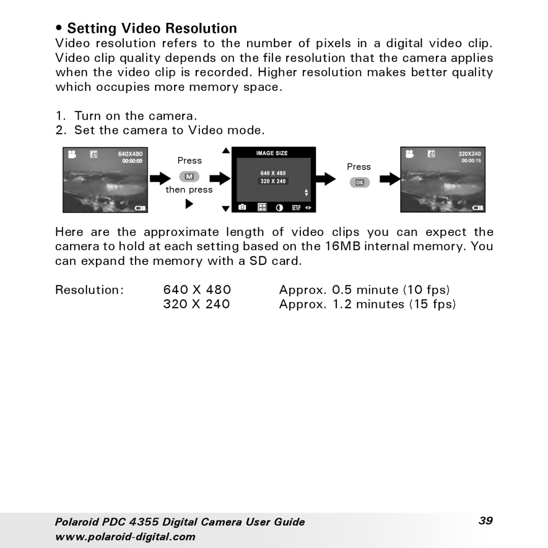 Polaroid PDC 4355 manual Setting Video Resolution 