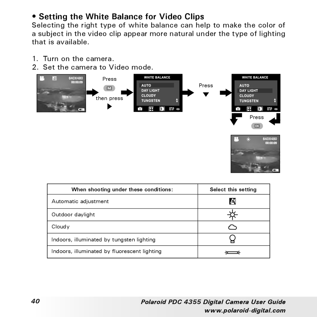 Polaroid PDC 4355 manual Setting the White Balance for Video Clips 