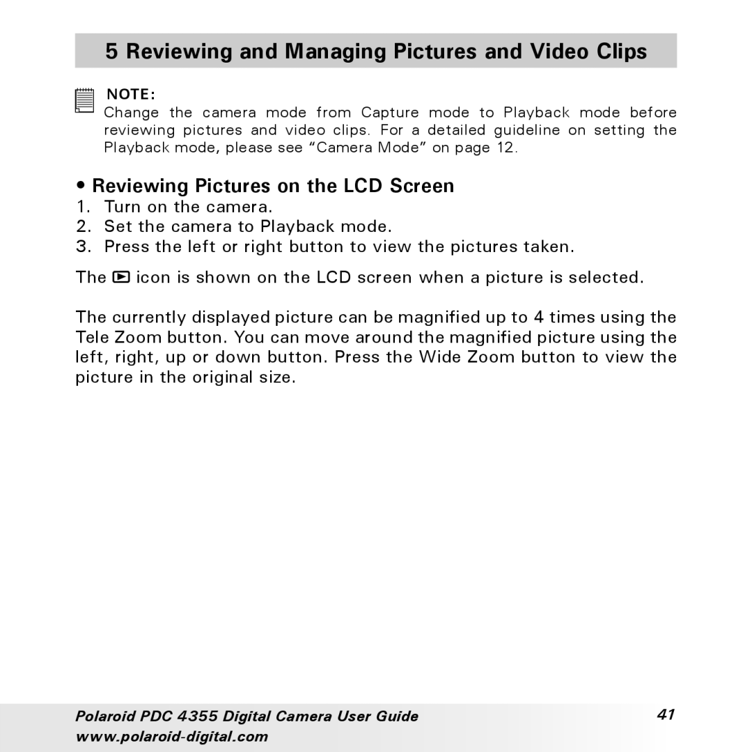 Polaroid PDC 4355 manual Reviewing and Managing Pictures and Video Clips, Reviewing Pictures on the LCD Screen 