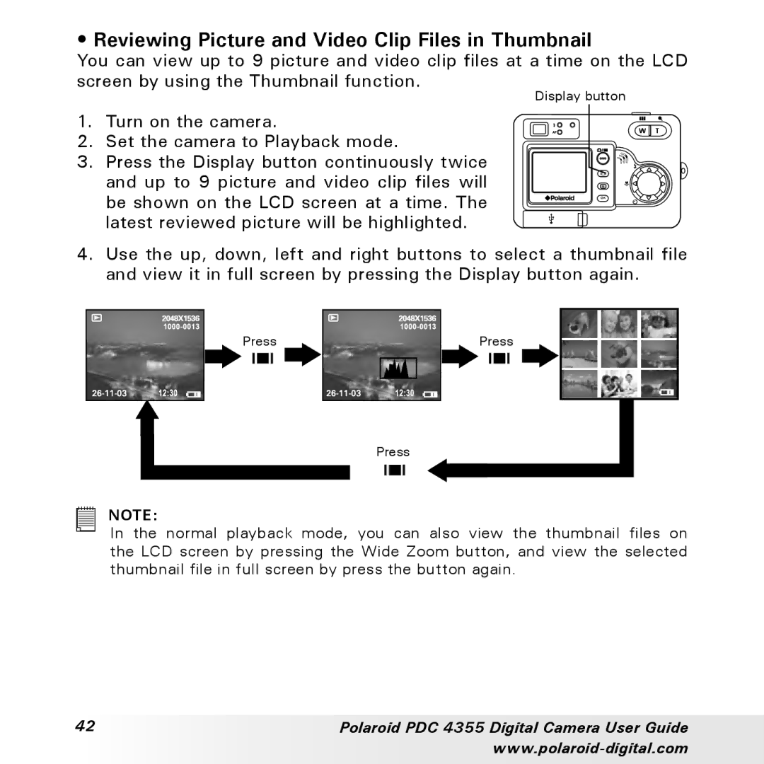 Polaroid PDC 4355 manual Reviewing Picture and Video Clip Files in Thumbnail 