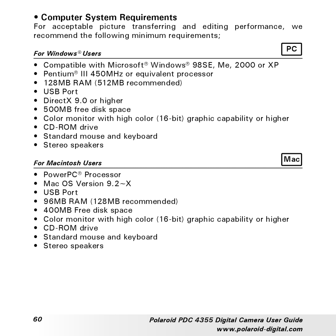 Polaroid PDC 4355 manual Computer System Requirements 