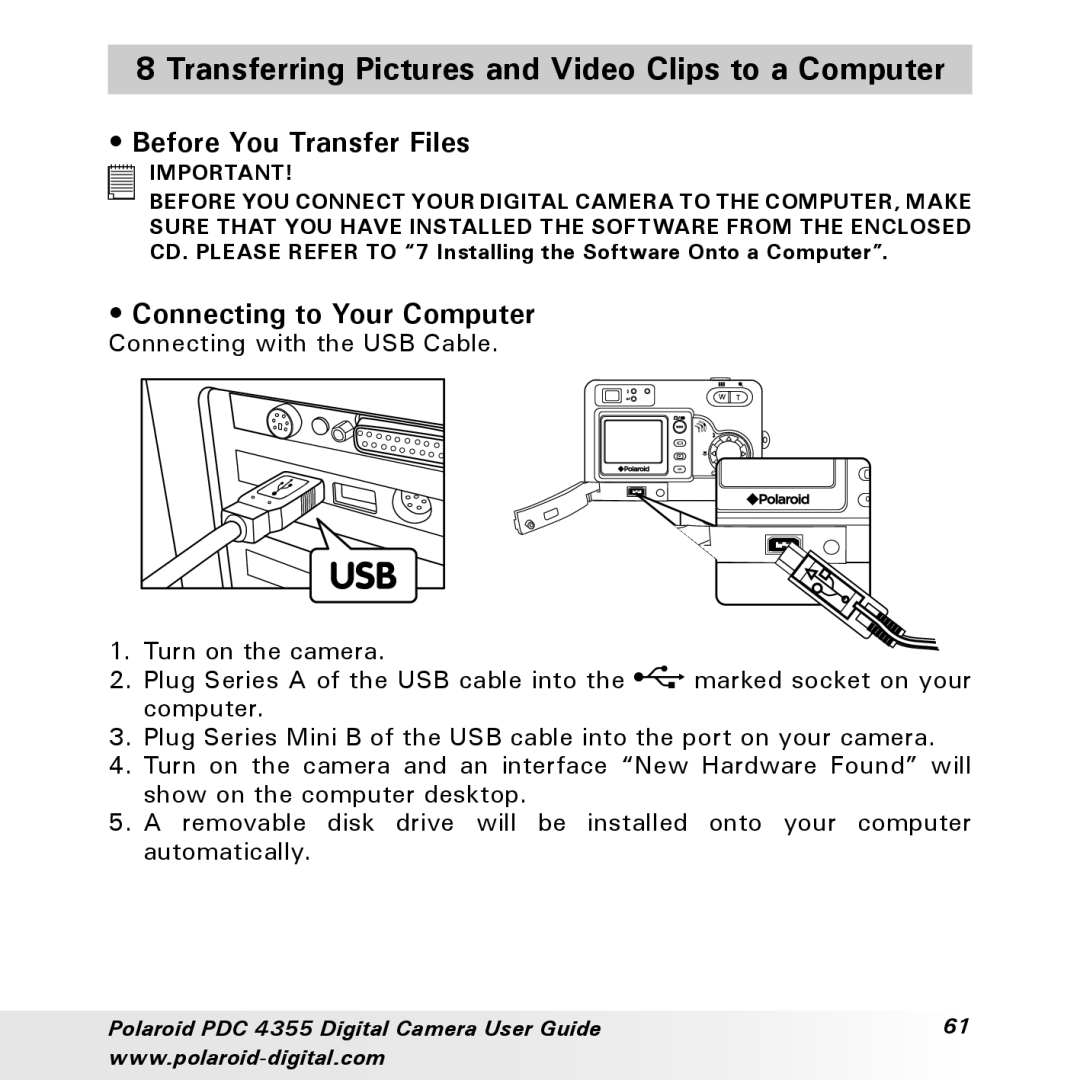 Polaroid PDC 4355 manual Transferring Pictures and Video Clips to a Computer, Before You Transfer Files 